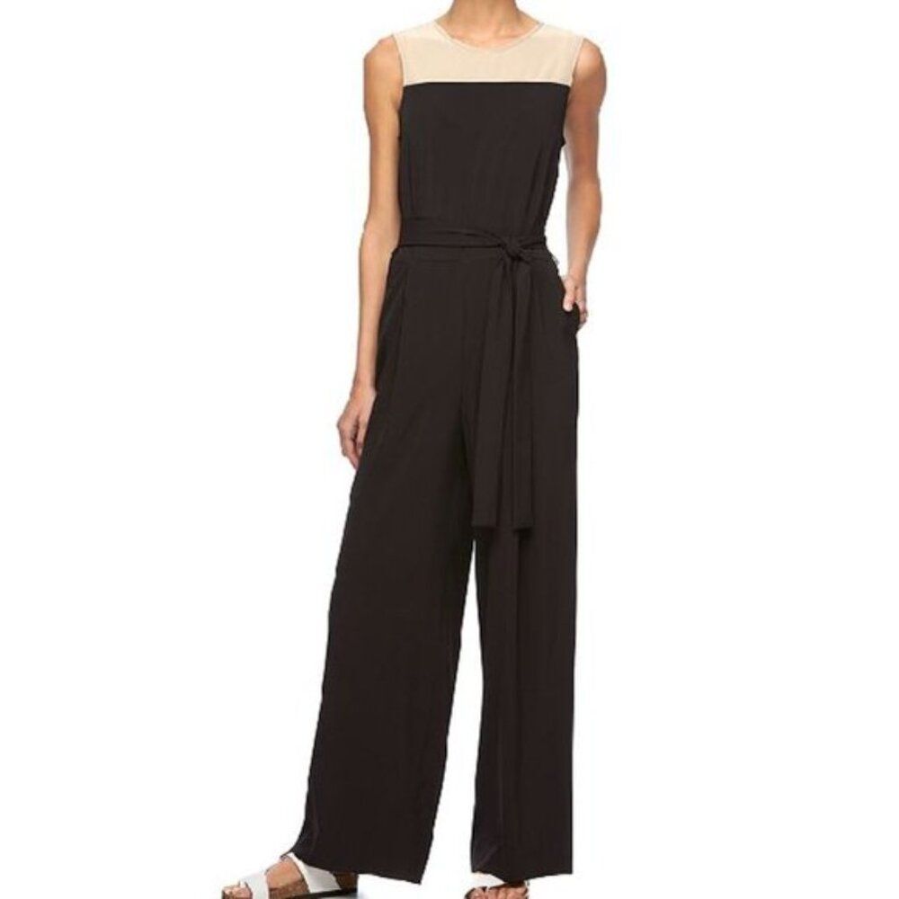 REED Krakoff Black Tan Color Block Belted Wide leg Jumpsuit Size 10